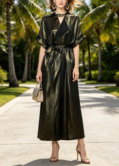 High Neck Deep V-Cut Kimono Sleeve Sash Tie Metallic Wrap Maxi Dress