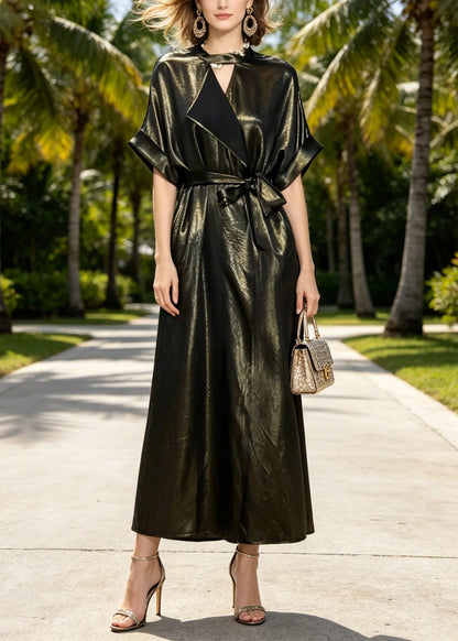 High Neck Deep V-Cut Kimono Sleeve Sash Tie Metallic Wrap Maxi Dress