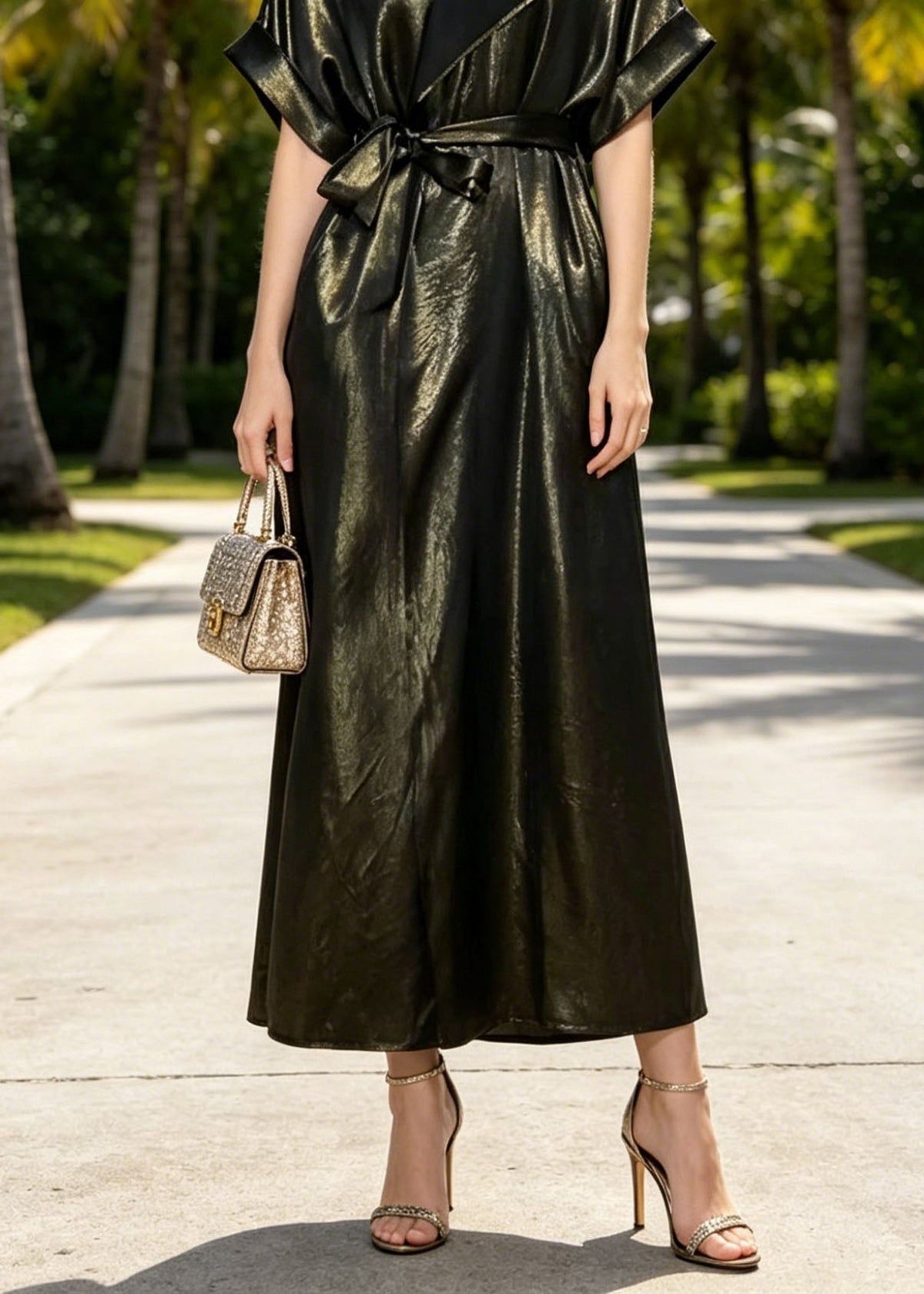 High Neck Deep V-Cut Kimono Sleeve Sash Tie Metallic Wrap Maxi Dress