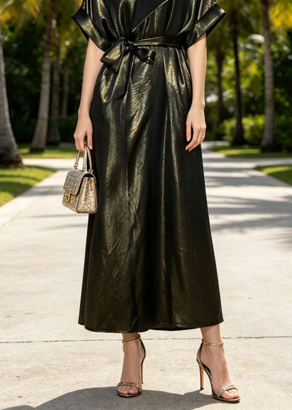 High Neck Deep V-Cut Kimono Sleeve Sash Tie Metallic Wrap Maxi Dress