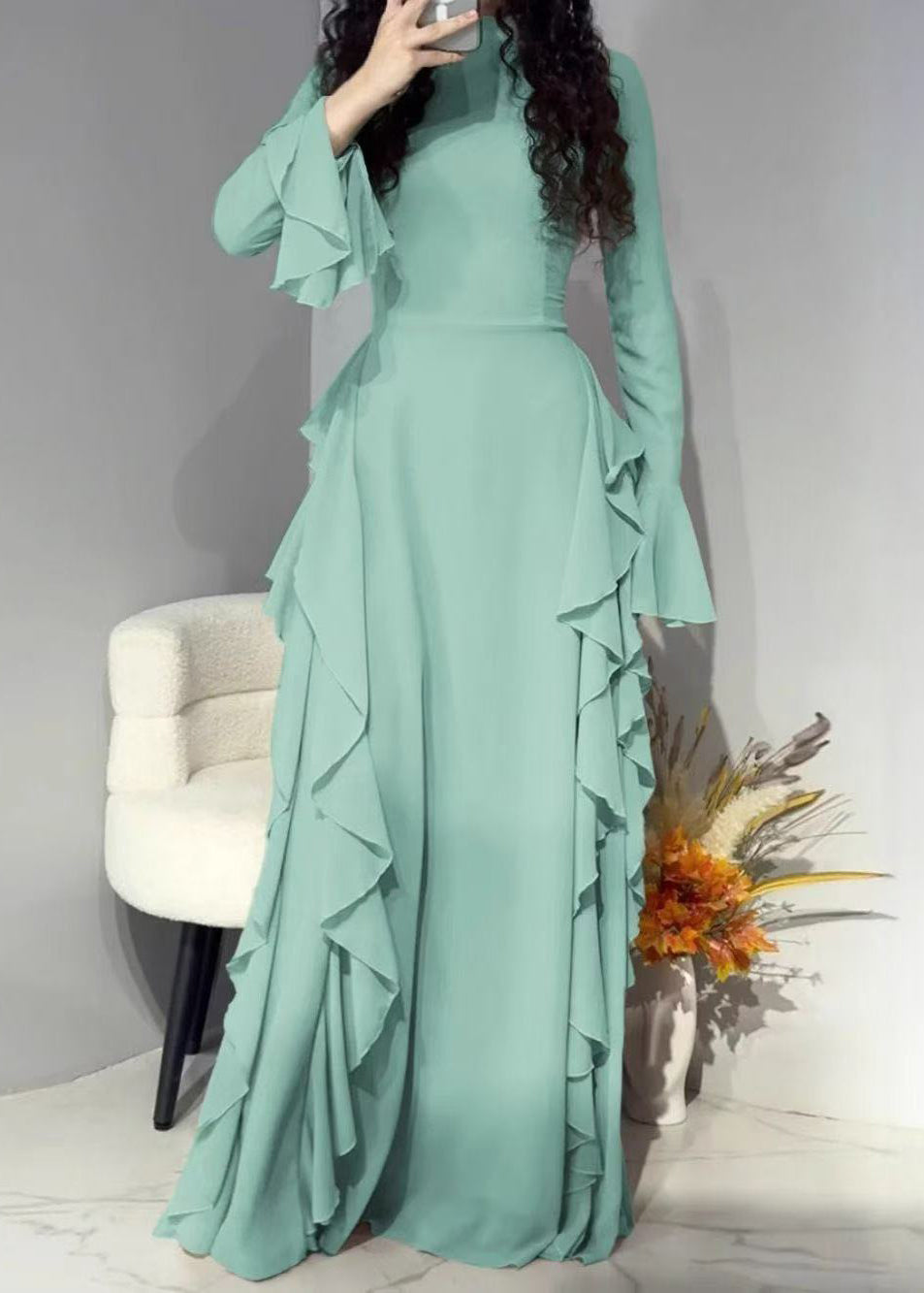 Mock Neck Flared Cuff Cascading Side Ruffle Maxi Gown