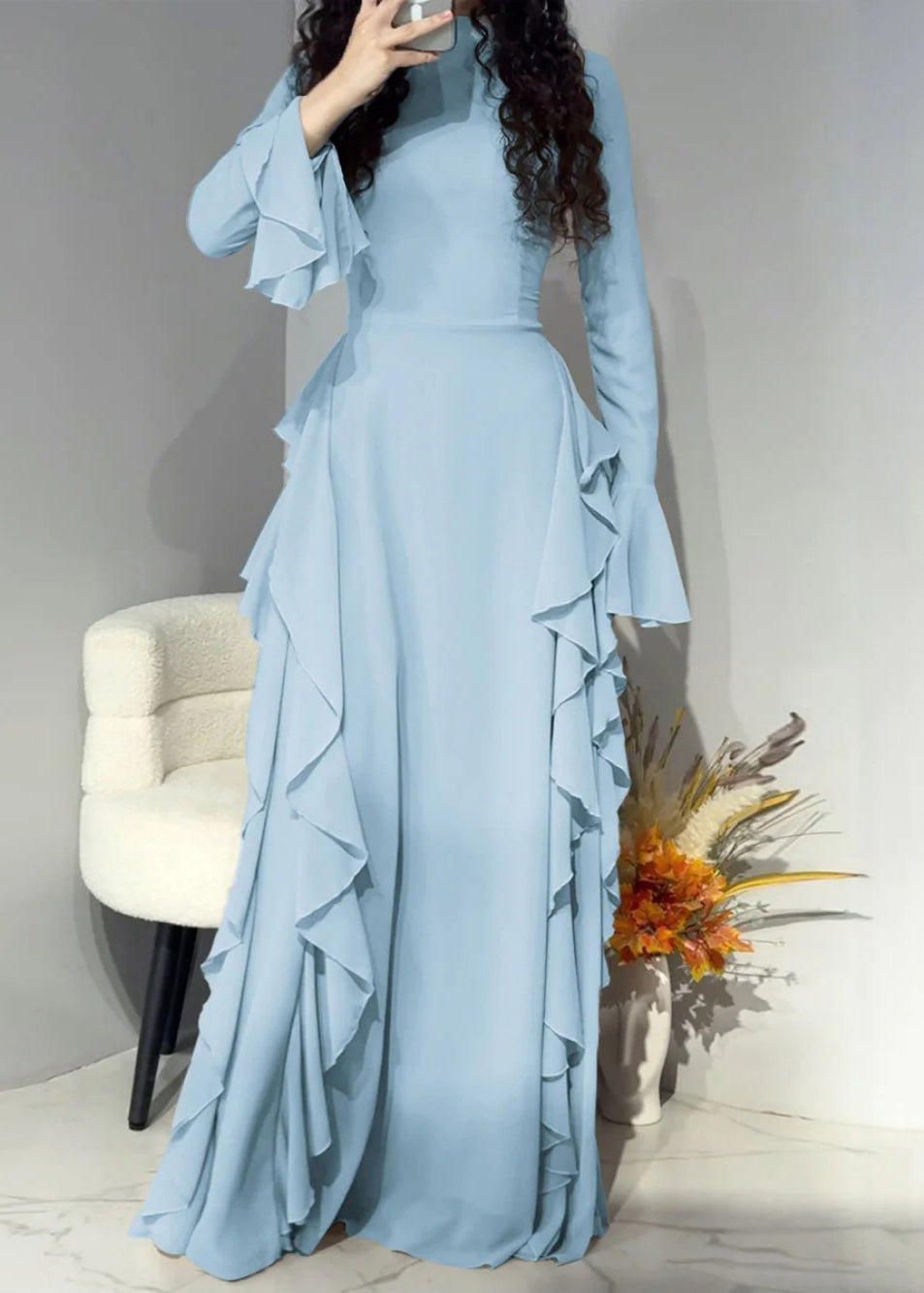Mock Neck Flared Cuff Cascading Side Ruffle Maxi Gown