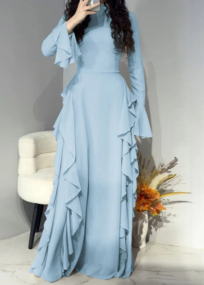 Mock Neck Flared Cuff Cascading Side Ruffle Maxi Gown