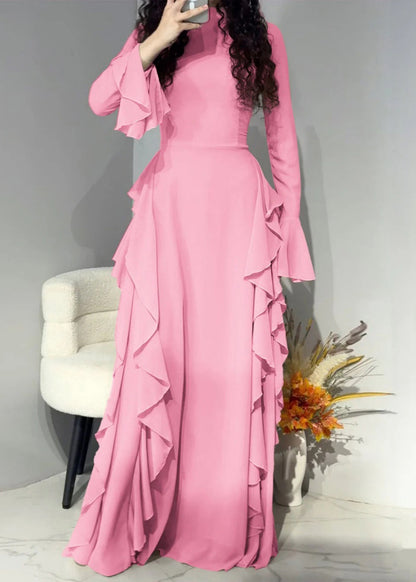 Mock Neck Flared Cuff Cascading Side Ruffle Maxi Gown