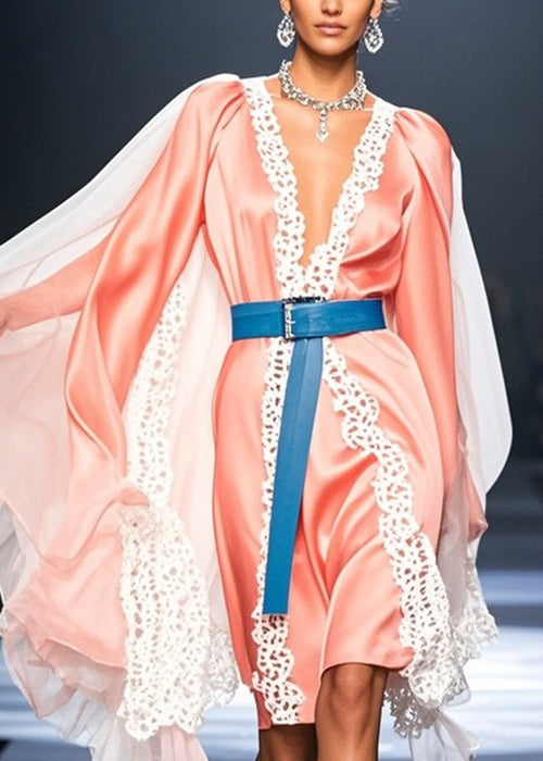Deep V-Neck Lace Trim Cape Sleeve Satin Knee-Length Dress