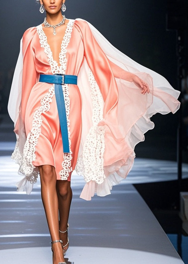Deep V-Neck Lace Trim Cape Sleeve Satin Knee-Length Dress