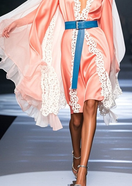 Deep V-Neck Lace Trim Cape Sleeve Satin Knee-Length Dress
