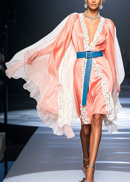 Deep V-Neck Lace Trim Cape Sleeve Satin Knee-Length Dress