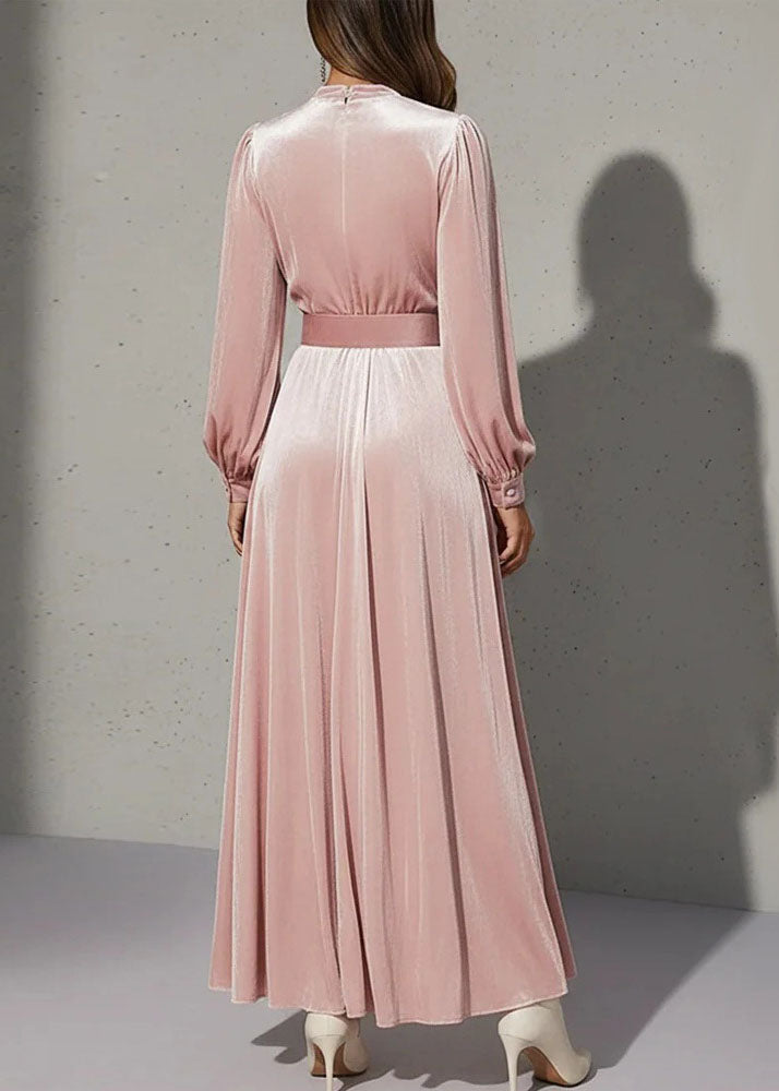 Choker Keyhole V-Neck Rhinestone Buckle Belted Pleated Velvet Maxi Gown