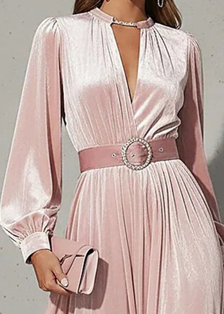 Choker Keyhole V-Neck Rhinestone Buckle Belted Pleated Velvet Maxi Gown