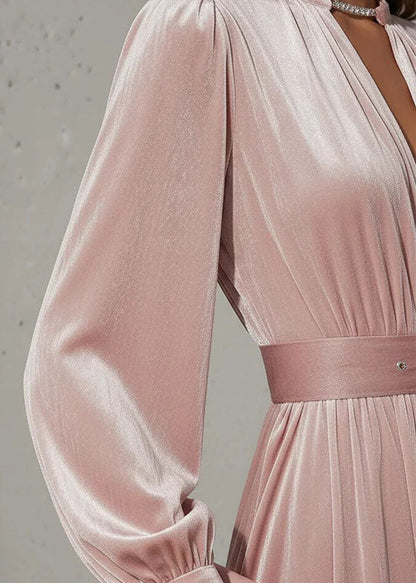 Choker Keyhole V-Neck Rhinestone Buckle Belted Pleated Velvet Maxi Gown