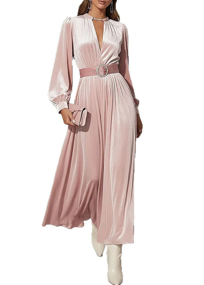 Choker Keyhole V-Neck Rhinestone Buckle Belted Pleated Velvet Maxi Gown