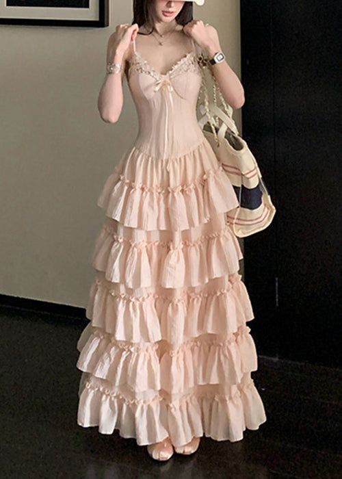 Lace Trim V-Neck Corset Bodice Tiered Ruffle Maxi Dress