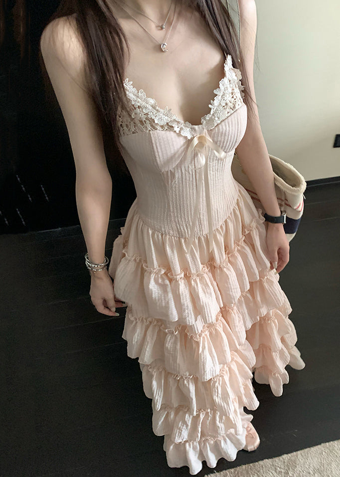 Lace Trim V-Neck Corset Bodice Tiered Ruffle Maxi Dress