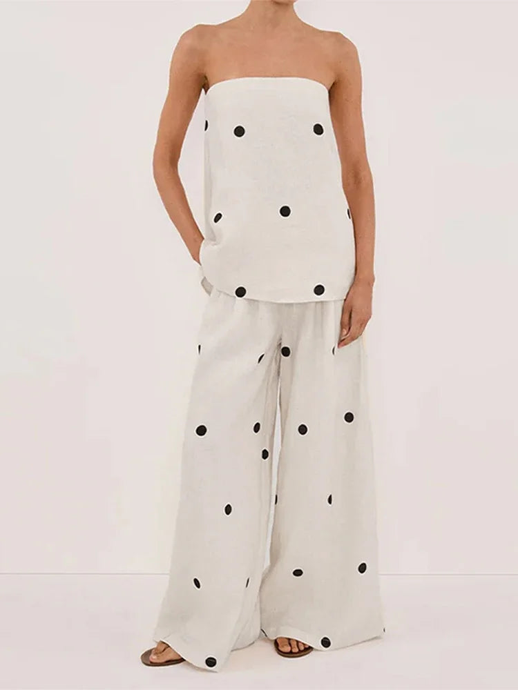 Polka Dot Tube Top Wide Pants Office Two Piece Set
