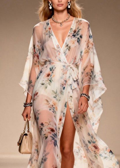 Wrap Front Floral Print Kimono Sleeve High-Slit Sheer Maxi Gown