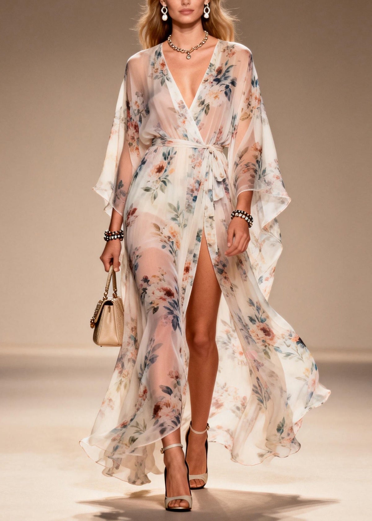Wrap Front Floral Print Kimono Sleeve High-Slit Sheer Maxi Gown