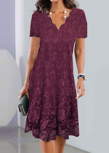 Scalloped V-Neck Floral Border Print Knee Length Dress