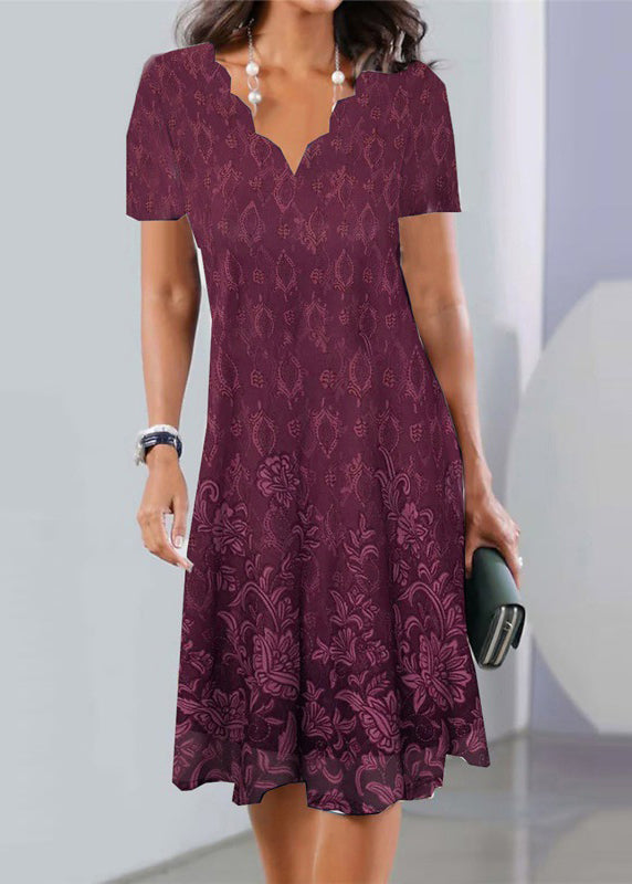 Scalloped V-Neck Floral Border Print Knee Length Dress