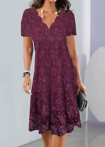 Scalloped V-Neck Floral Border Print Knee Length Dress