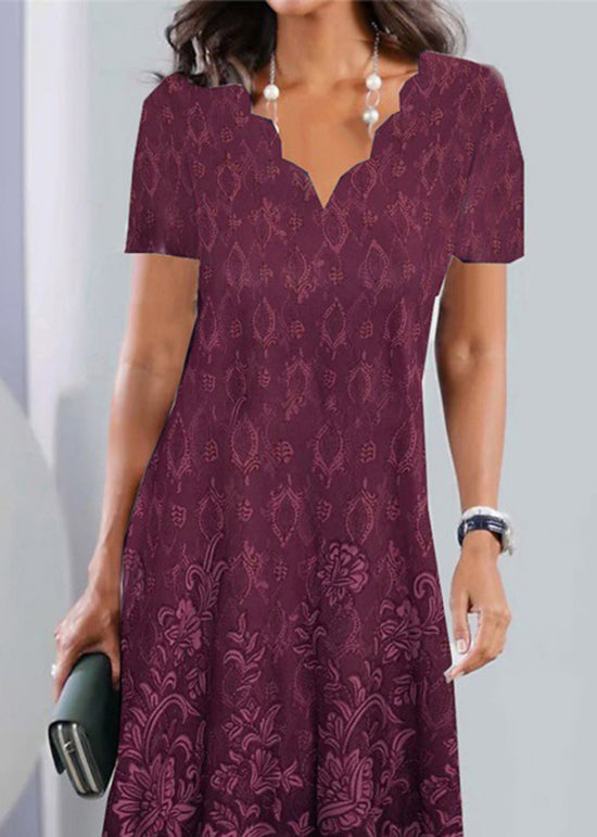 Scalloped V-Neck Floral Border Print Knee Length Dress
