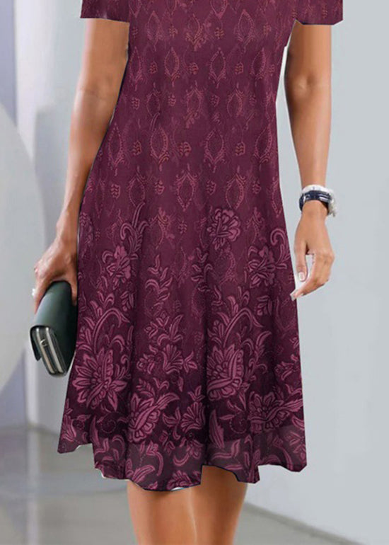 Scalloped V-Neck Floral Border Print Knee Length Dress