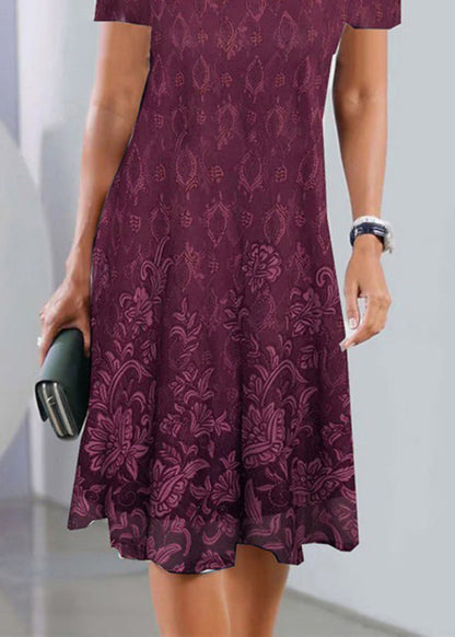 Scalloped V-Neck Floral Border Print Knee Length Dress