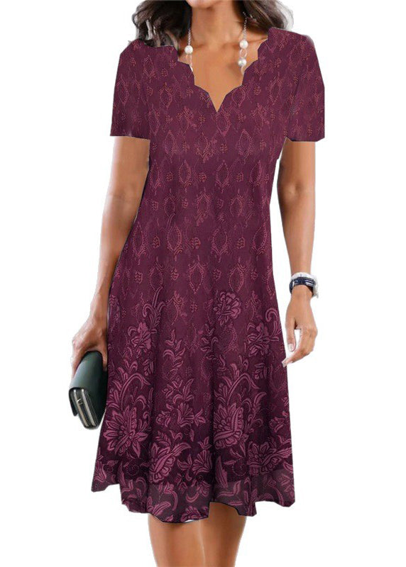 Scalloped V-Neck Floral Border Print Knee Length Dress