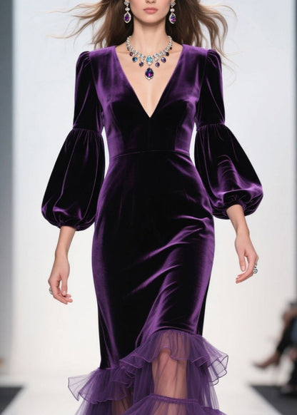 Deep V-Neck Bishop Sleeve Velvet Tiered Sheer Ruffle Hem Dress