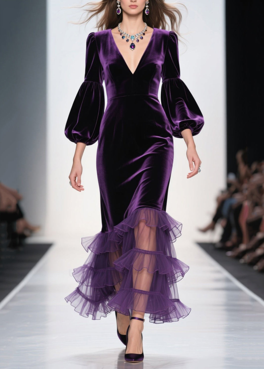 Deep V-Neck Bishop Sleeve Velvet Tiered Sheer Ruffle Hem Dress