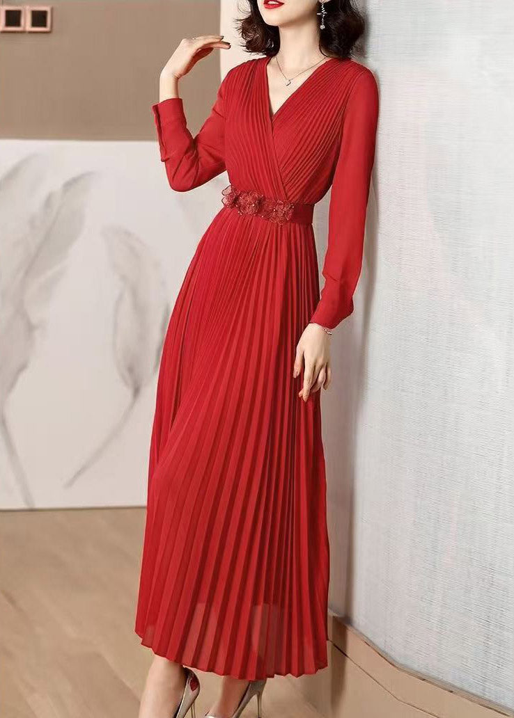 Wrap V-Neck Long Sleeve Floral Applique Belt Pleated Chiffon Midi Dress