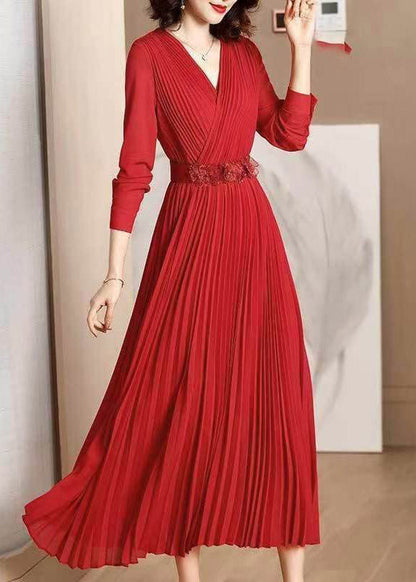 Wrap V-Neck Long Sleeve Floral Applique Belt Pleated Chiffon Midi Dress