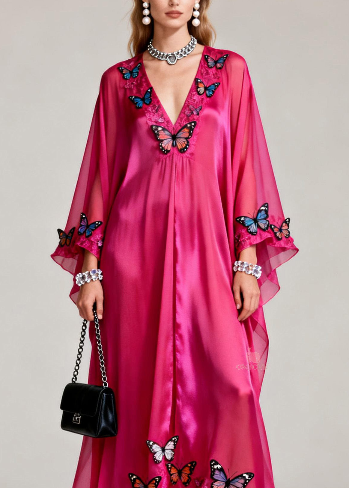 Deep V-Neck Butterfly Applique Sheer Flared Sleeve Ruffled Kaftan Maxi Dress