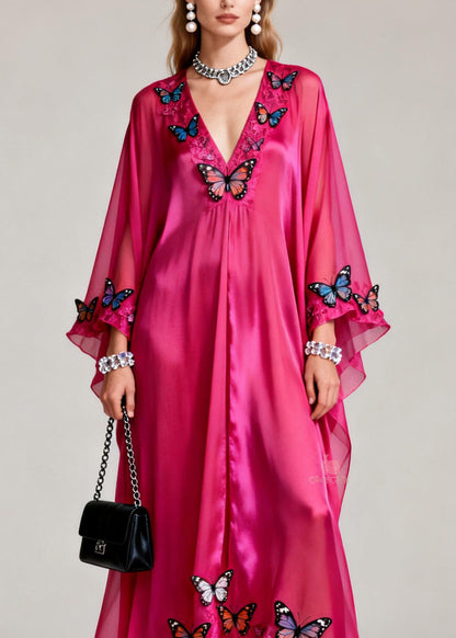 Deep V-Neck Butterfly Applique Sheer Flared Sleeve Ruffled Kaftan Maxi Dress