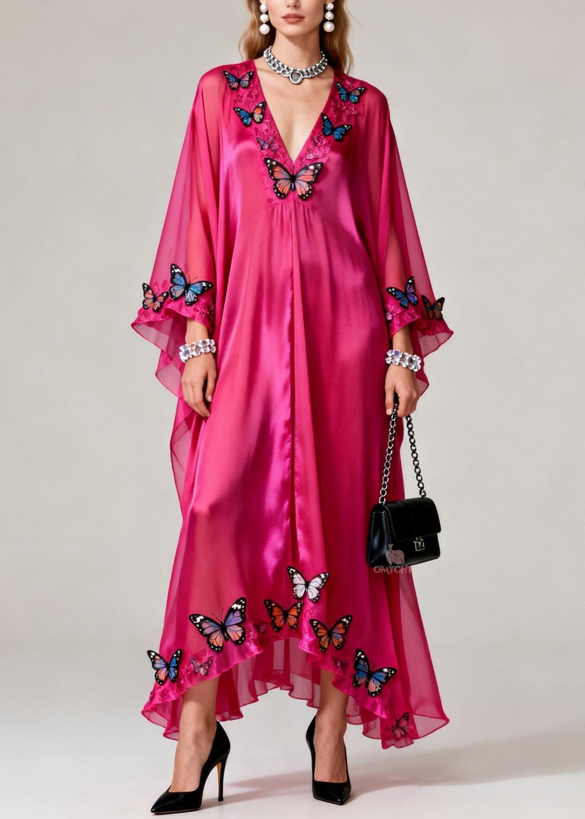 Deep V-Neck Butterfly Applique Sheer Flared Sleeve Ruffled Kaftan Maxi Dress