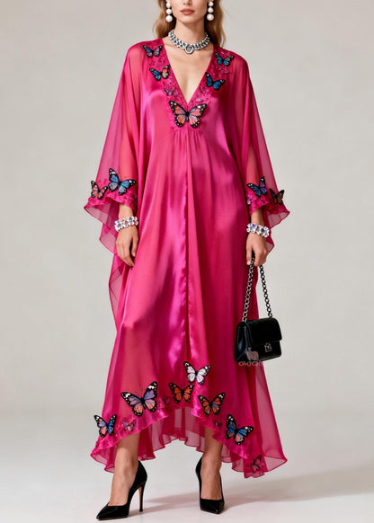 Deep V-Neck Butterfly Applique Sheer Flared Sleeve Ruffled Kaftan Maxi Dress