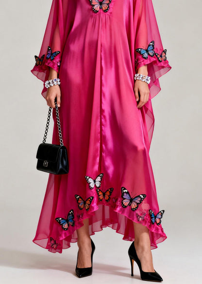 Deep V-Neck Butterfly Applique Sheer Flared Sleeve Ruffled Kaftan Maxi Dress