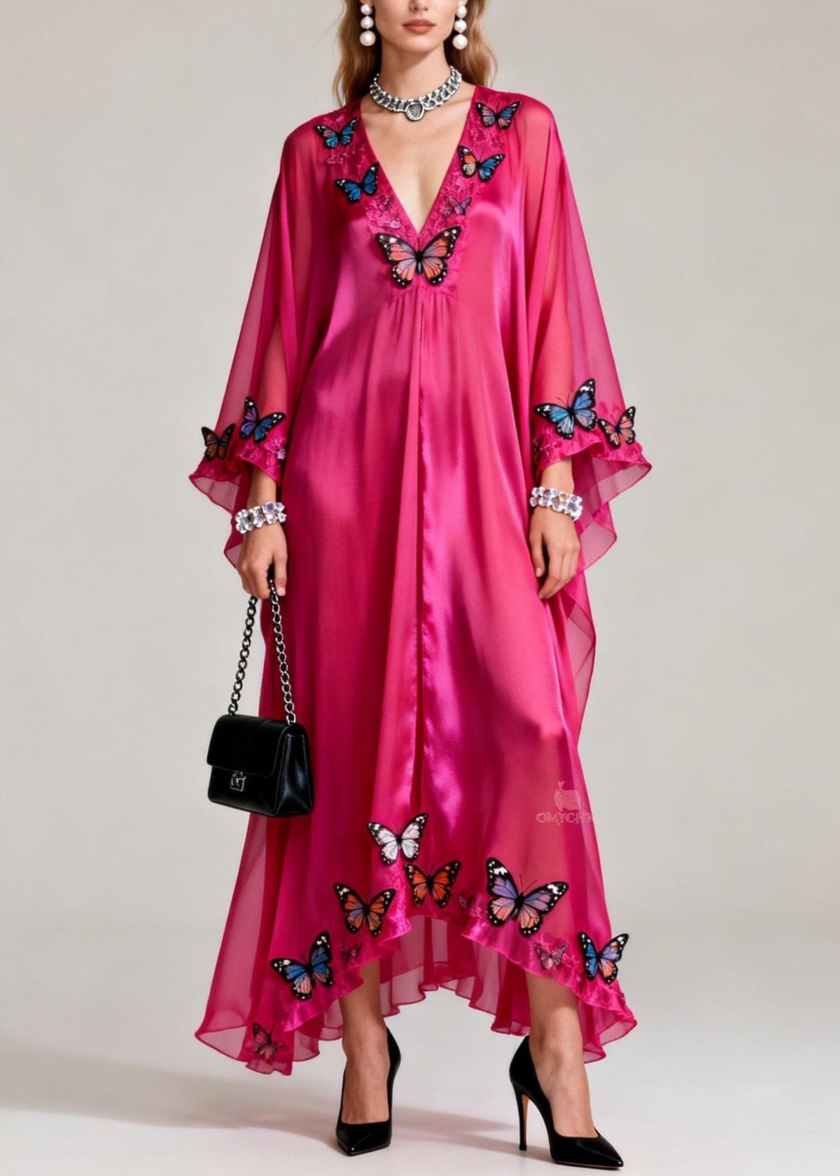 Deep V-Neck Butterfly Applique Sheer Flared Sleeve Ruffled Kaftan Maxi Dress