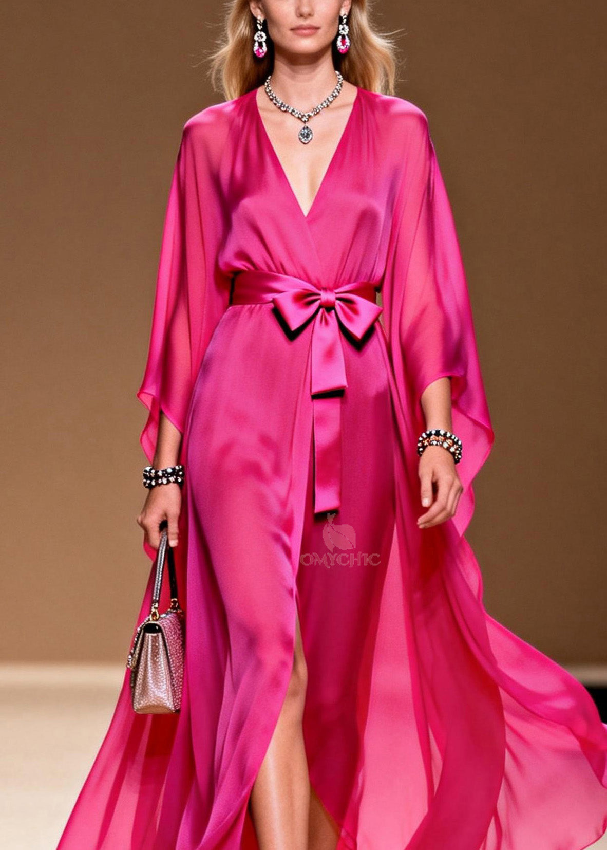 Deep V-Neck Kimono Sleeve Tie Waist Sheer Slit Maxi Gown