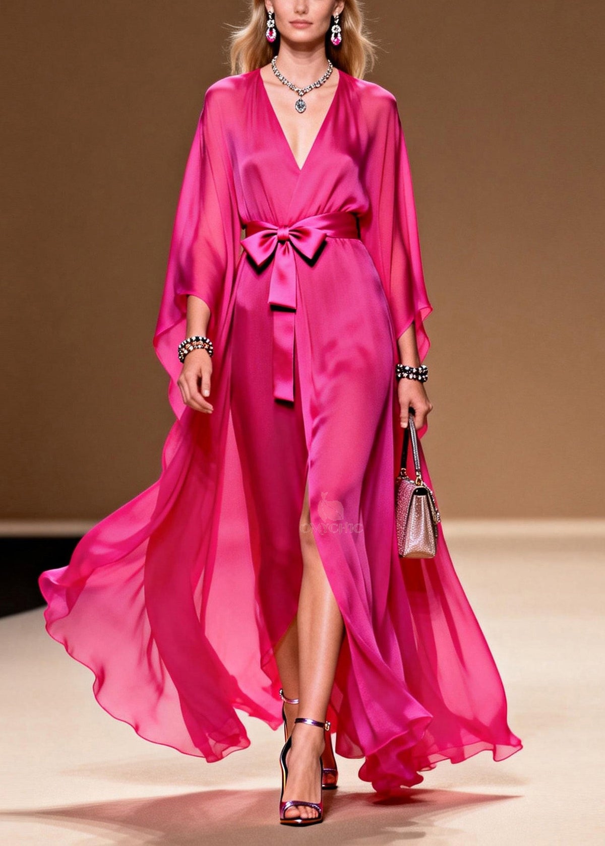 Deep V-Neck Kimono Sleeve Tie Waist Sheer Slit Maxi Gown