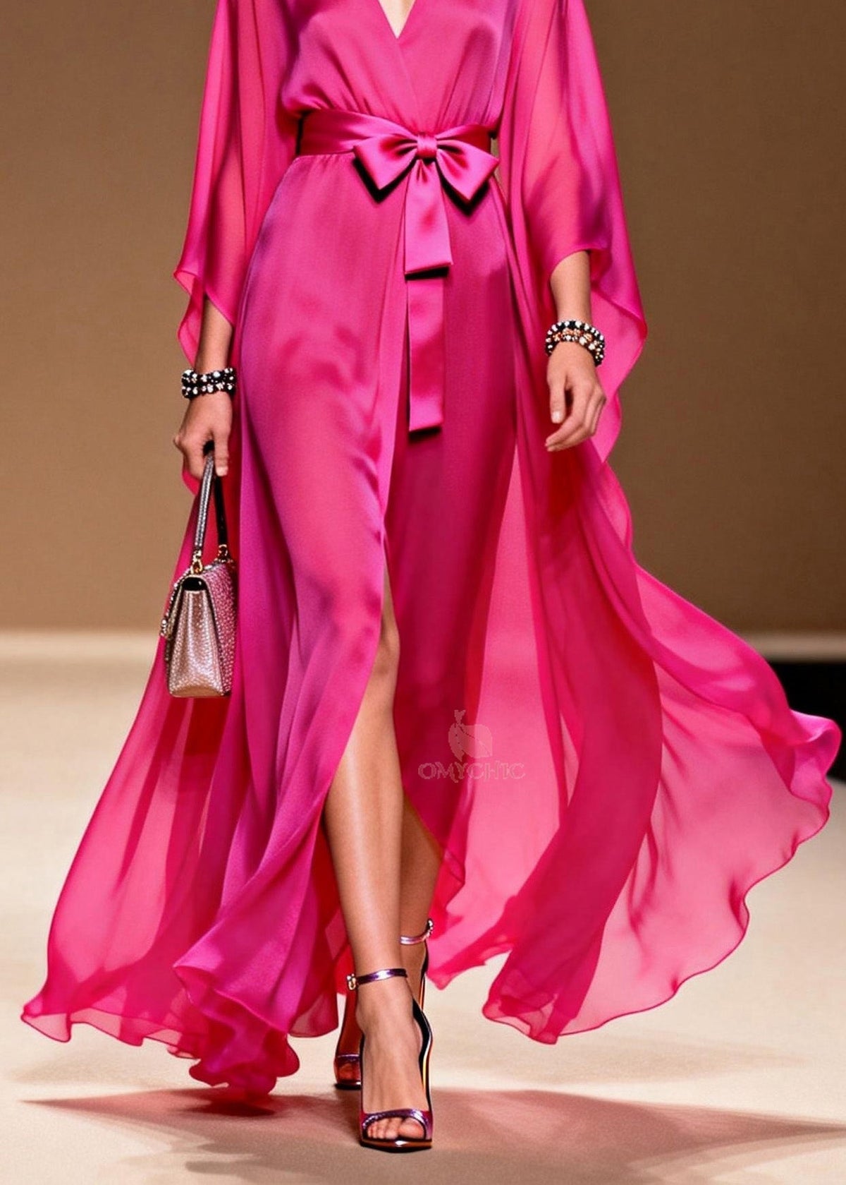 Deep V-Neck Kimono Sleeve Tie Waist Sheer Slit Maxi Gown