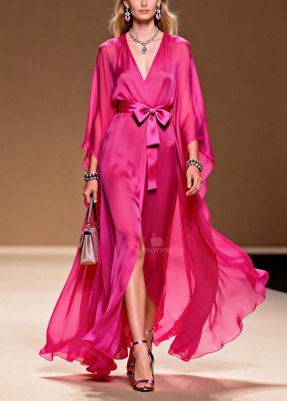 Deep V-Neck Kimono Sleeve Tie Waist Sheer Slit Maxi Gown