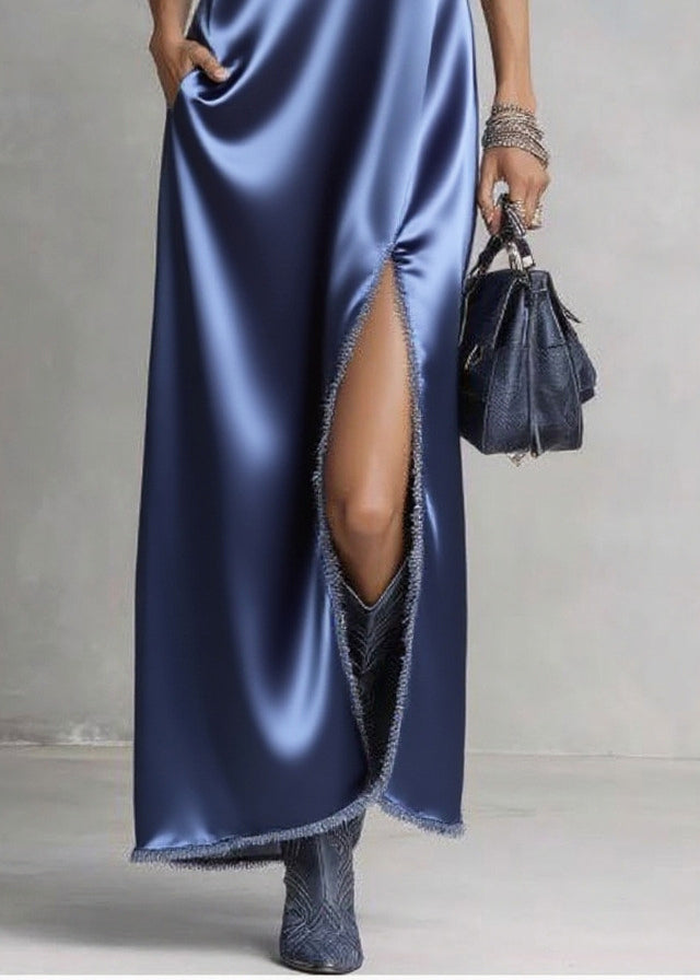 Stand Collar Satin Frayed Hem High Slit Pocket Sleeveless Maxi Dress