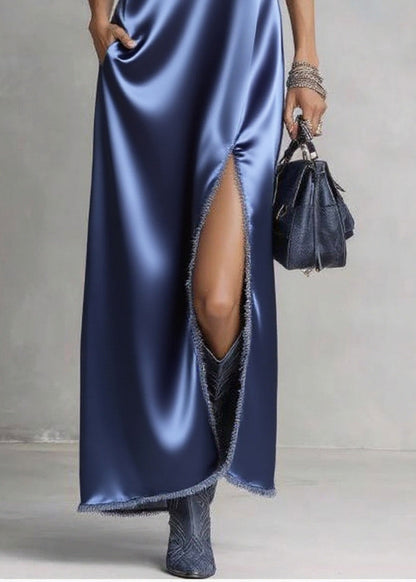 Stand Collar Satin Frayed Hem High Slit Pocket Sleeveless Maxi Dress