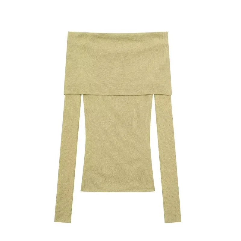 Elegant Slim Green Off-Shoulder Long Sleeve Female Chic Sweater