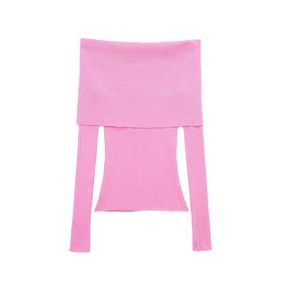 Elegant Slim Green Off-Shoulder Long Sleeve Female Chic Sweater