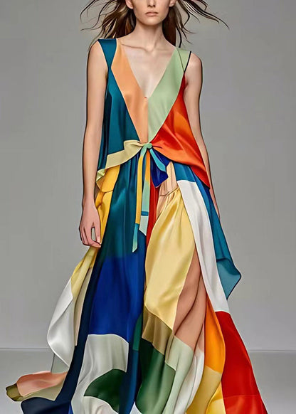 Deep V Patchwork Geometric Satin Tie-Waist Slit Maxi Dress