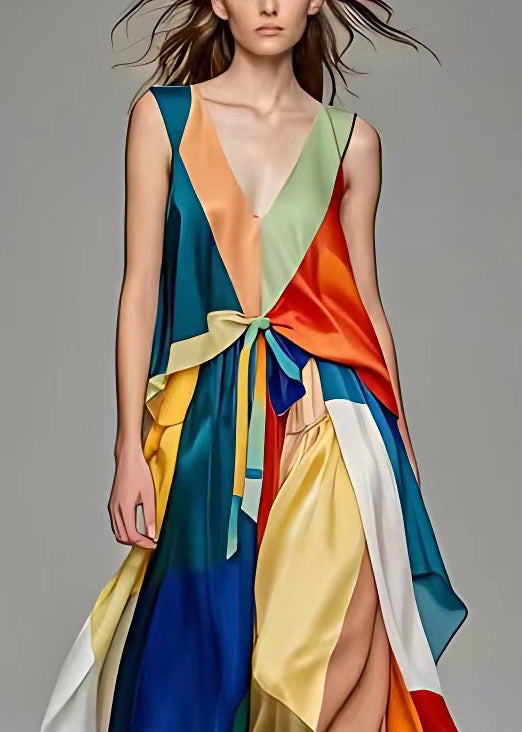Deep V Patchwork Geometric Satin Tie-Waist Slit Maxi Dress