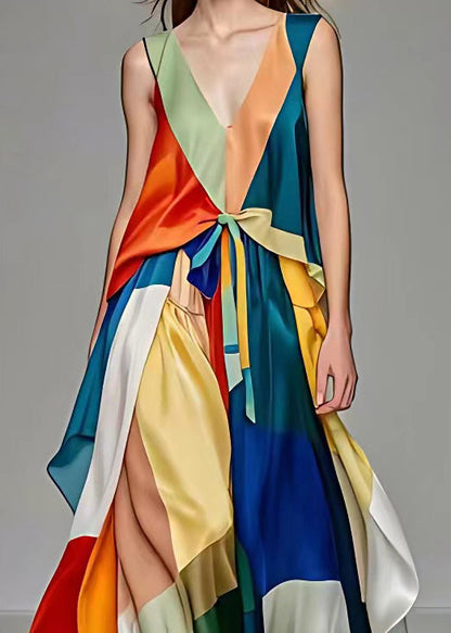 Deep V Patchwork Geometric Satin Tie-Waist Slit Maxi Dress