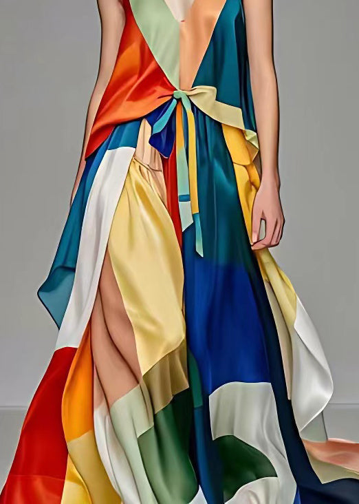 Deep V Patchwork Geometric Satin Tie-Waist Slit Maxi Dress